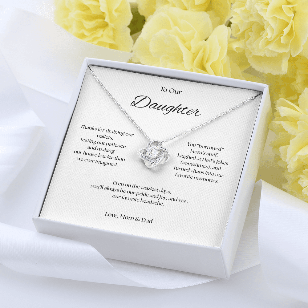 To Our Daughter Love Knot necklace, Our Beautiful Mess.