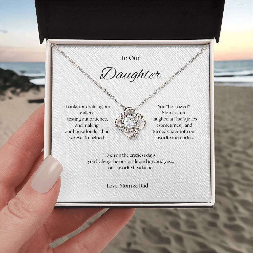 To Our Daughter Love Knot necklace, Our Beautiful Mess.
