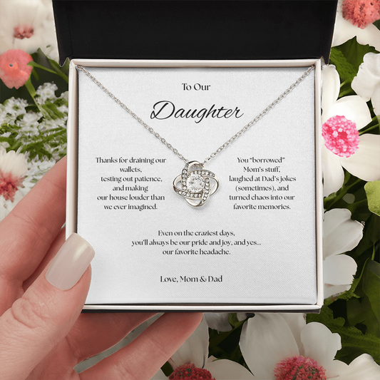 To Our Daughter Love Knot necklace, Our Beautiful Mess.