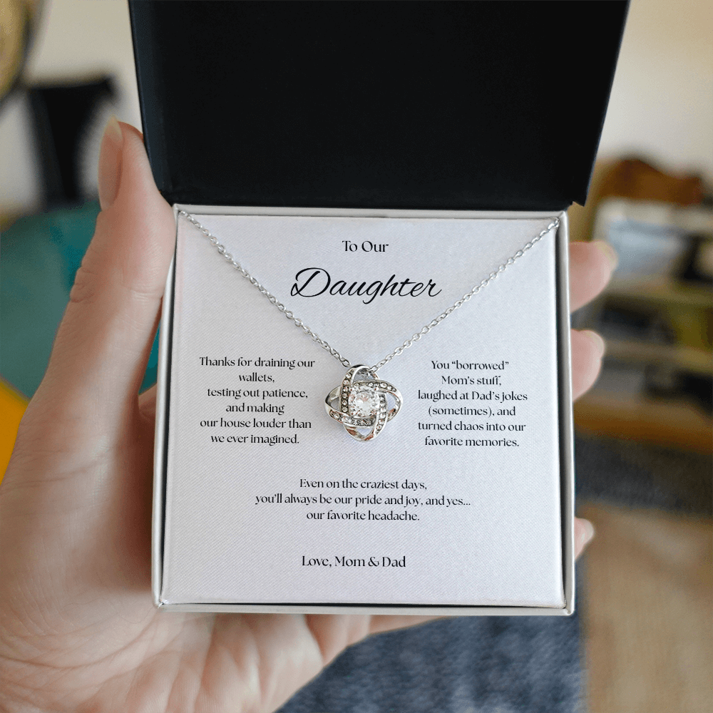 To Our Daughter Love Knot necklace, Our Beautiful Mess.
