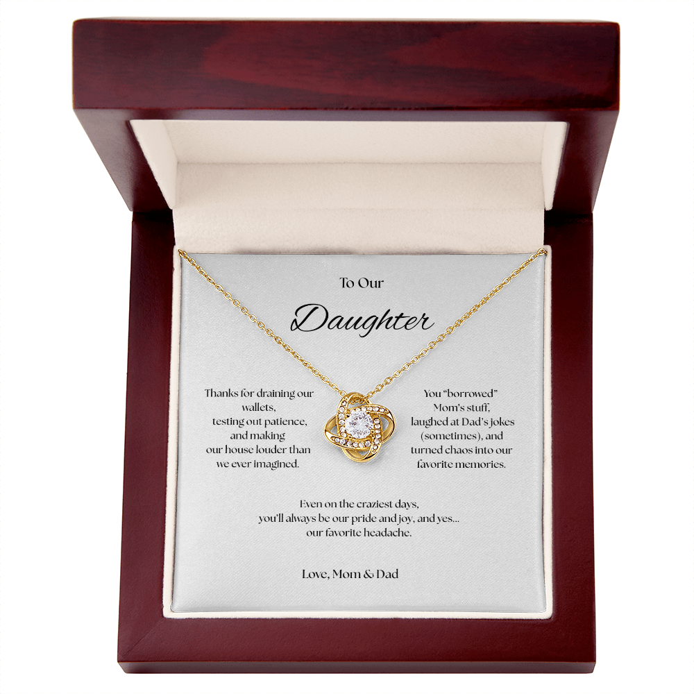 To Our Daughter Love Knot necklace, Our Beautiful Mess.
