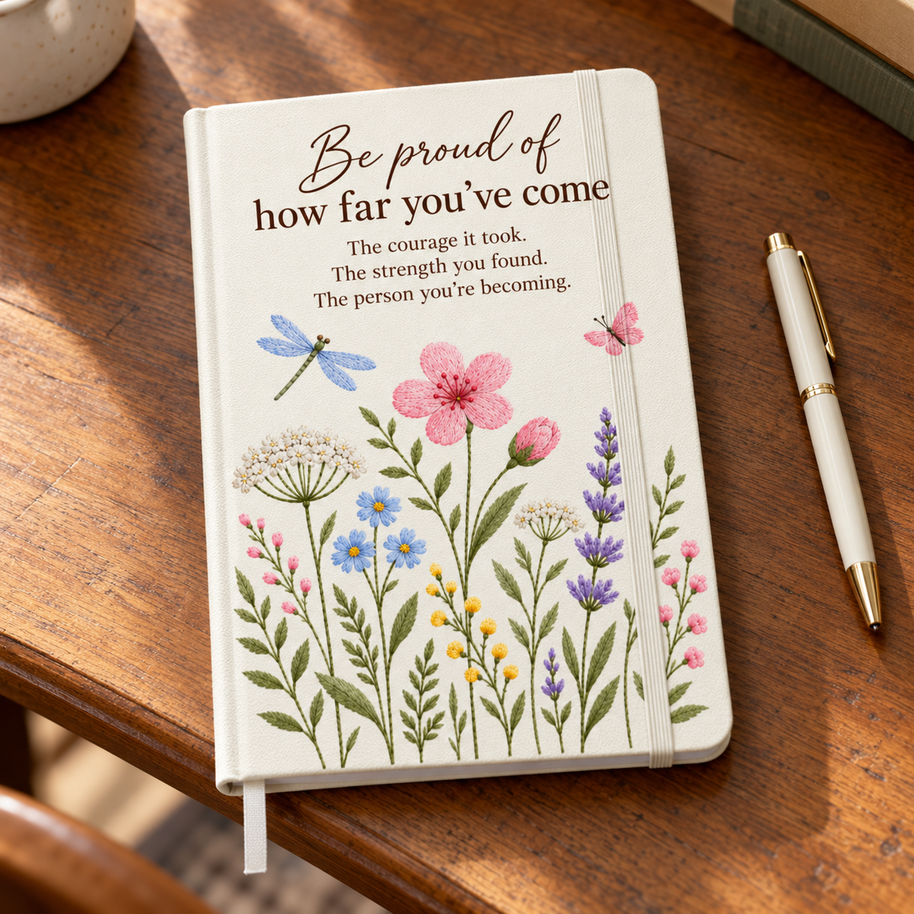 Be Proud of How Far You've Come Journal – Wildflower Encouragement Gift for Her