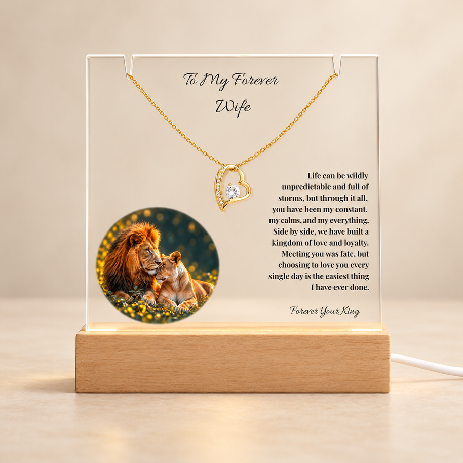 To My Forever Wife, Lion Acrylic Plaque & Forever Love Heart Necklace Bundle