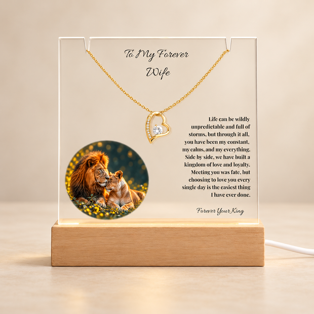 To My Forever Wife, Lion Acrylic Plaque & Forever Love Heart Necklace Bundle