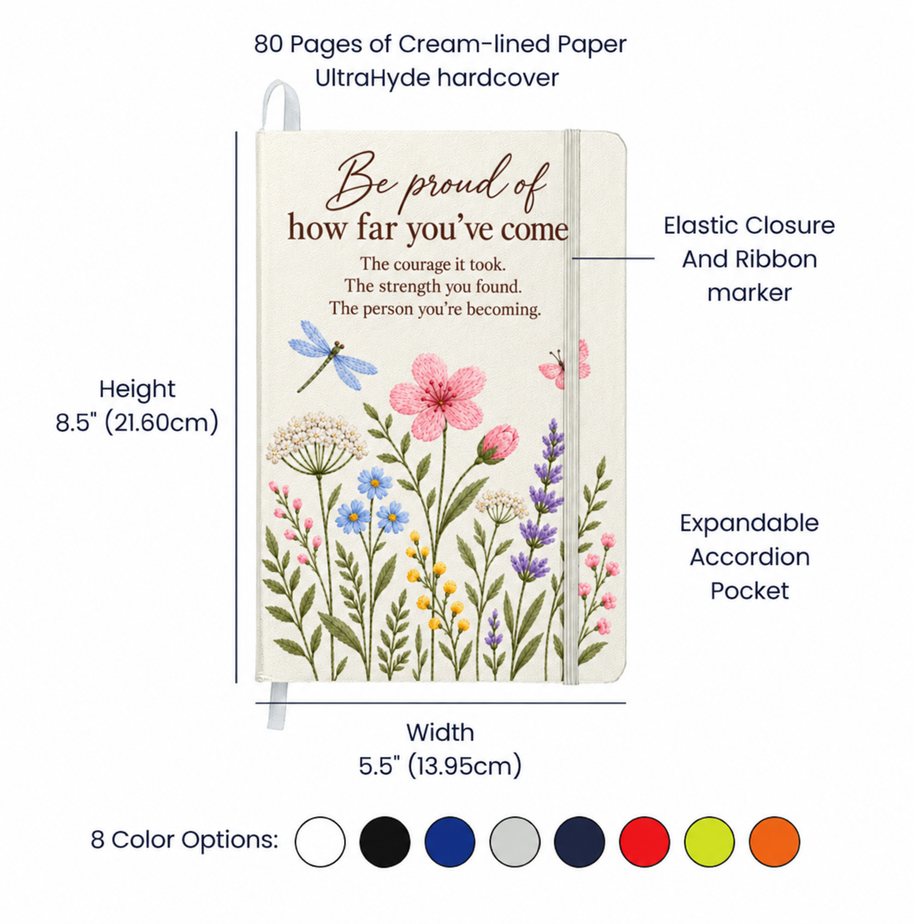 Be Proud of How Far You've Come Journal – Wildflower Encouragement Gift for Her