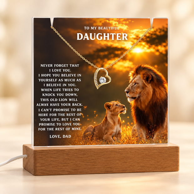 Lion Acrylic LED Plaque & Forever Love Necklace Gift Set for Daughter from Dad – Always Have Your Back