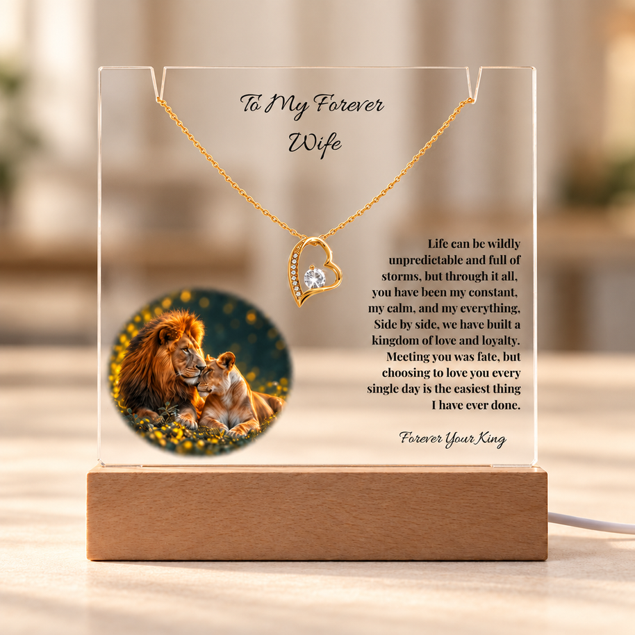 Lion Acrylic LED Plaque & Forever Love Necklace Gift Set for Wife – Forever Your King