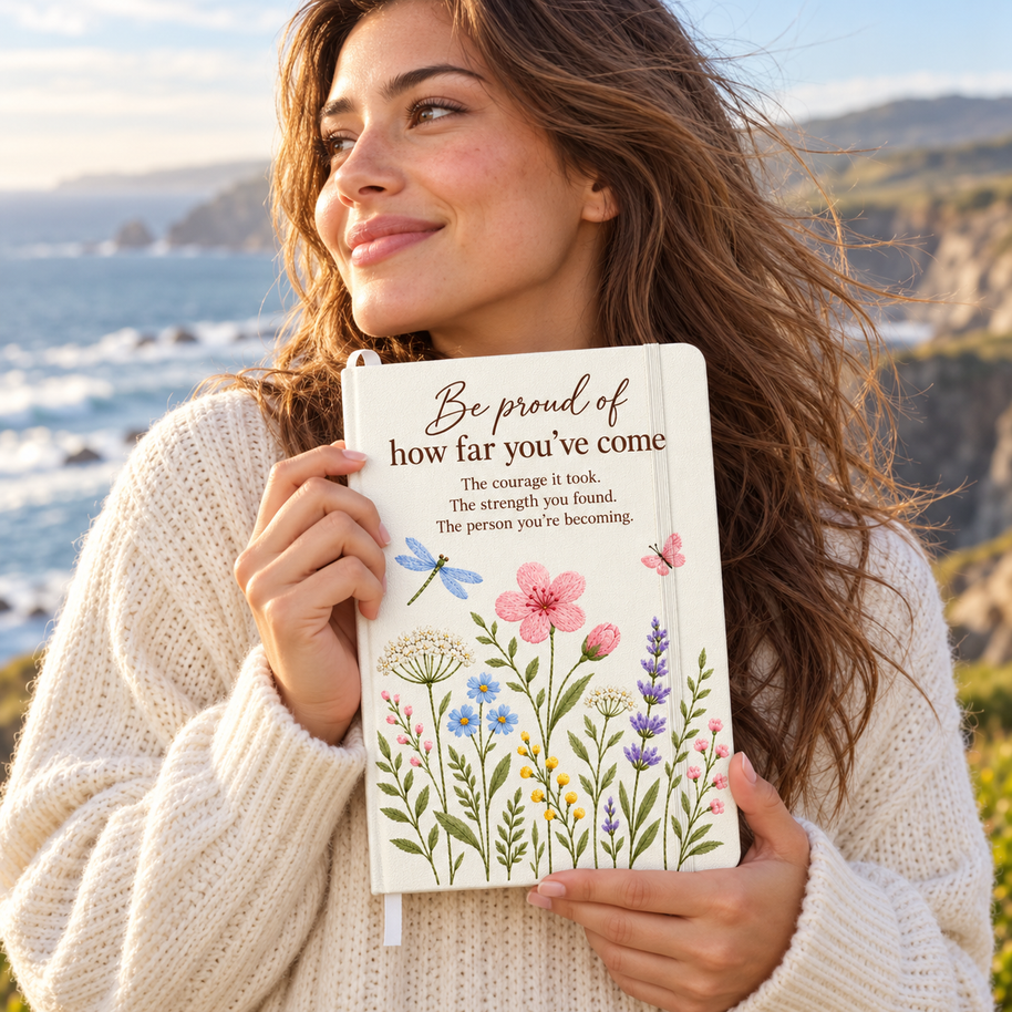 Be Proud of How Far You've Come Journal – Wildflower Encouragement Gift for Her