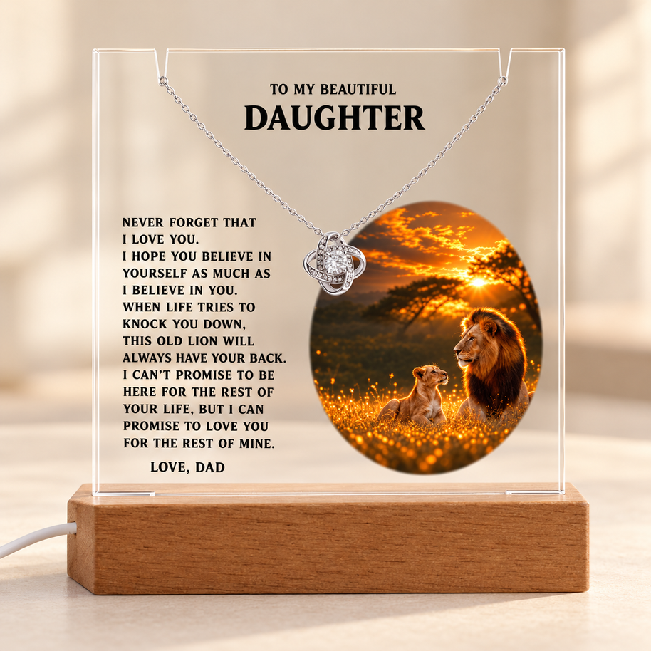 This Old Lion, Daughter Acrylic LED Plaque & Love Knot Necklace from Dad