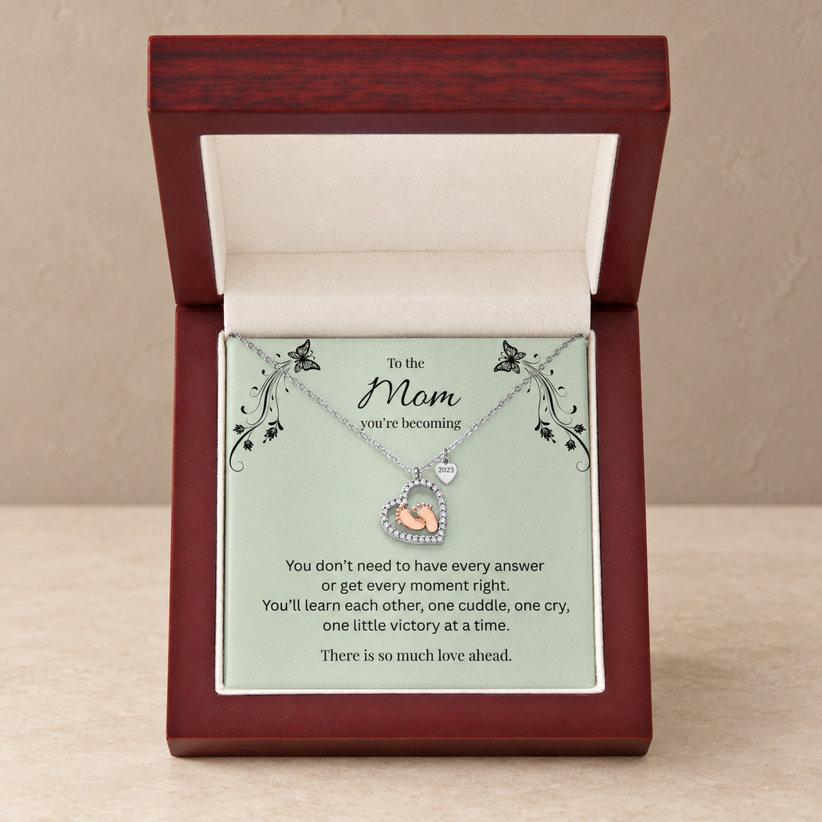 Mom You're Becoming, Baby Feet Heart Necklace – Reassuring New Motherhood Gift Bundle