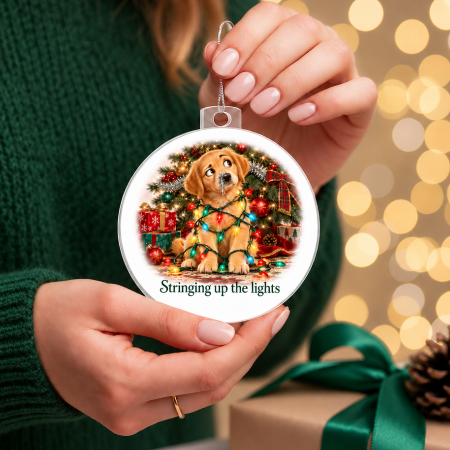 Funny Dog Christmas Ornament – Stringing Up the Lights – Christmas Chaos Gift