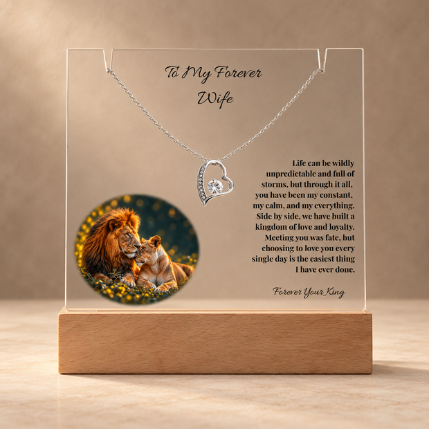 To My Forever Wife, Lion Acrylic Plaque & Forever Love Heart Necklace Bundle