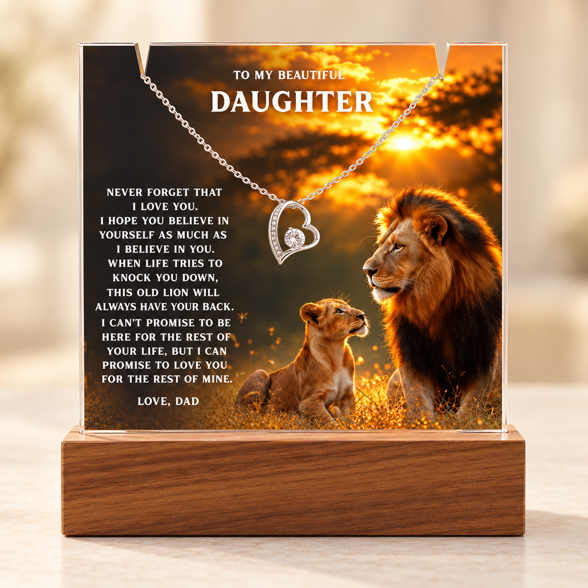 Lion Acrylic LED Plaque & Forever Love Necklace Gift Set for Daughter from Dad – Always Have Your Back