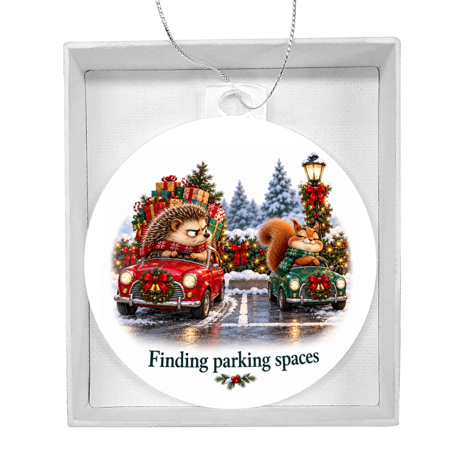 Funny Hedgehog & Squirrel Christmas Ornament – Finding Parking Spaces – Christmas Chaos Gift