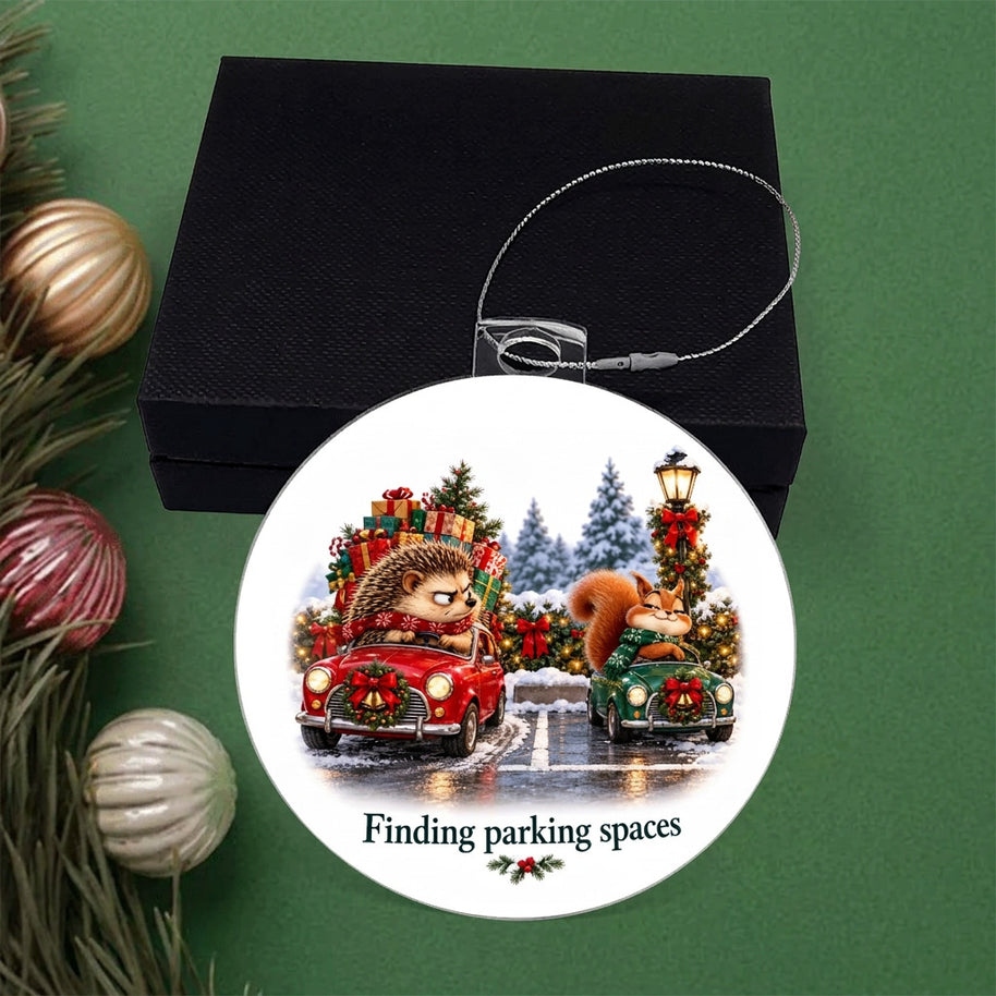 Funny Hedgehog & Squirrel Christmas Ornament – Finding Parking Spaces – Christmas Chaos Gift