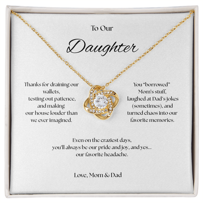 To Our Daughter Love Knot necklace, Our Beautiful Mess.