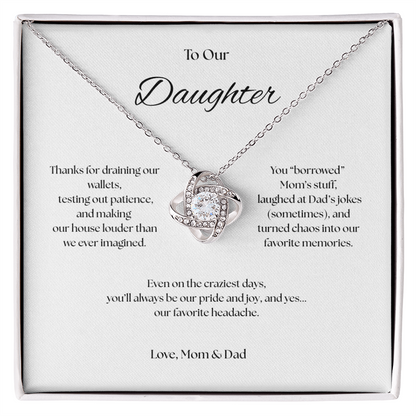 To Our Daughter Love Knot necklace, Our Beautiful Mess.