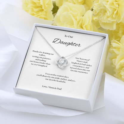 To Our Daughter Love Knot necklace, Our Beautiful Mess.