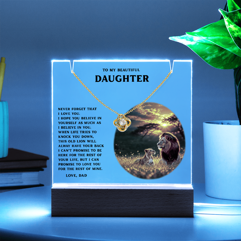 This Old Lion, Daughter Acrylic LED Plaque & Love Knot Necklace from Dad