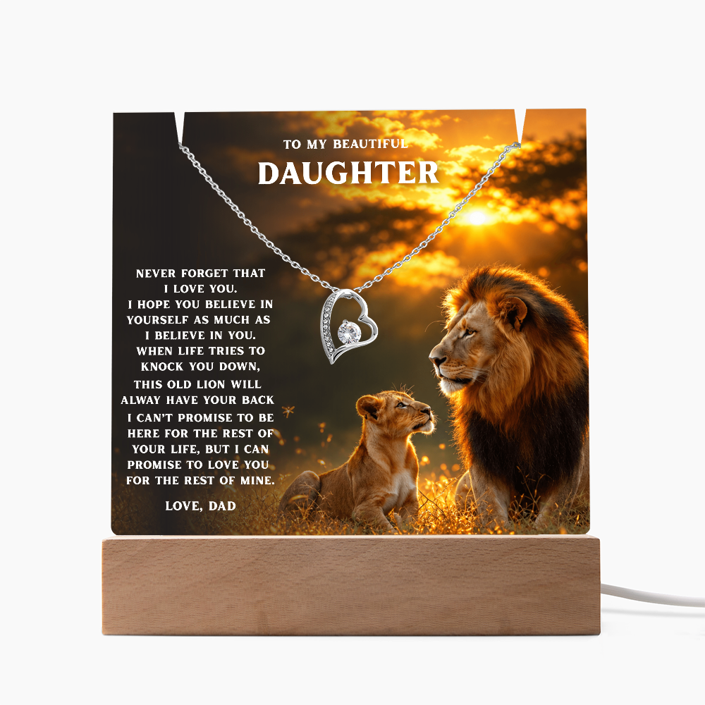 Lion Acrylic LED Plaque & Forever Love Necklace Gift Set for Daughter from Dad – Always Have Your Back