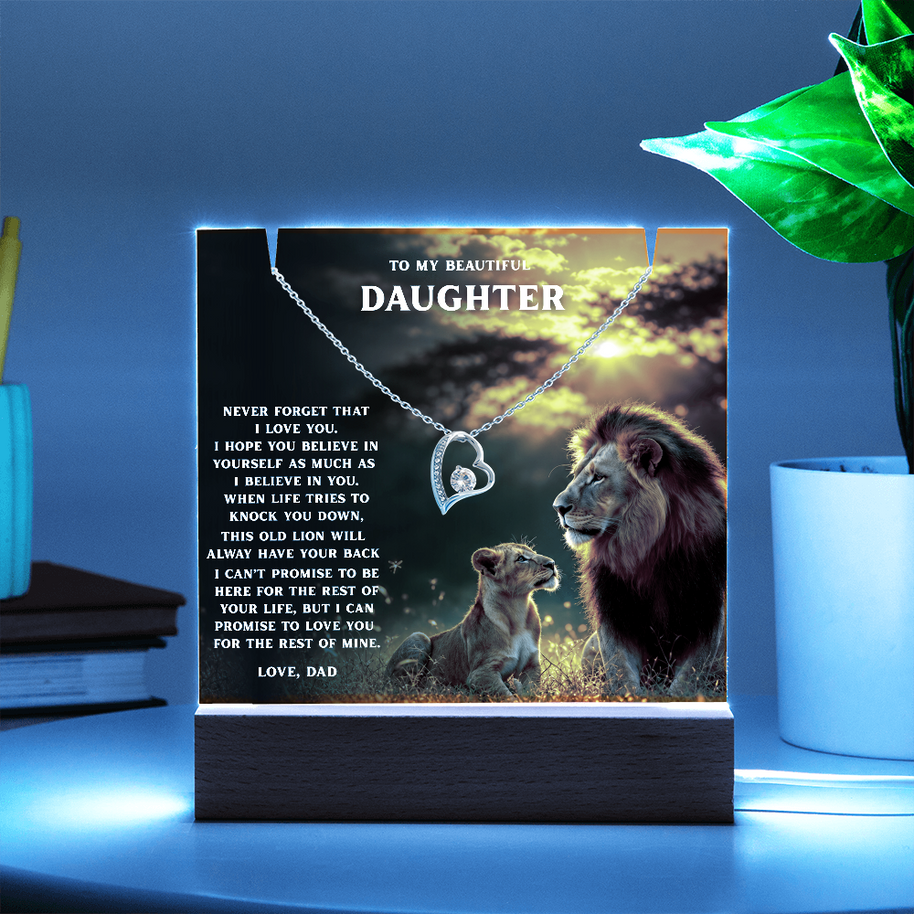 Lion Acrylic LED Plaque & Forever Love Necklace Gift Set for Daughter from Dad – Always Have Your Back