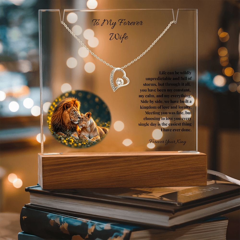 To My Forever Wife, Lion Acrylic Plaque & Forever Love Heart Necklace Bundle