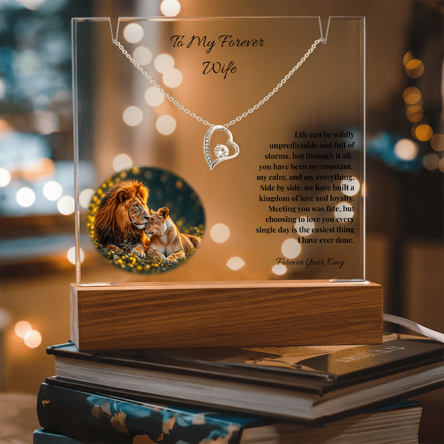 To My Forever Wife, Lion Acrylic Plaque & Forever Love Heart Necklace Bundle