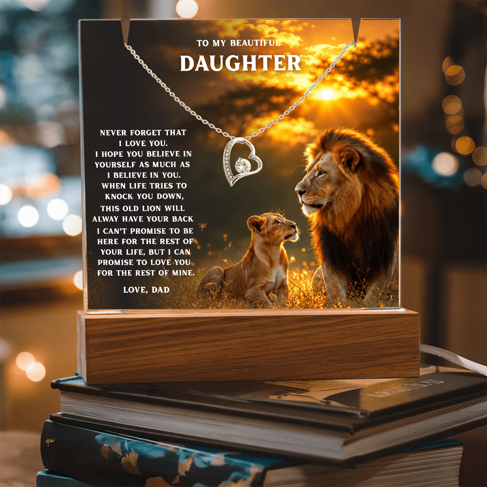 Lion Acrylic LED Plaque & Forever Love Necklace Gift Set for Daughter from Dad – Always Have Your Back