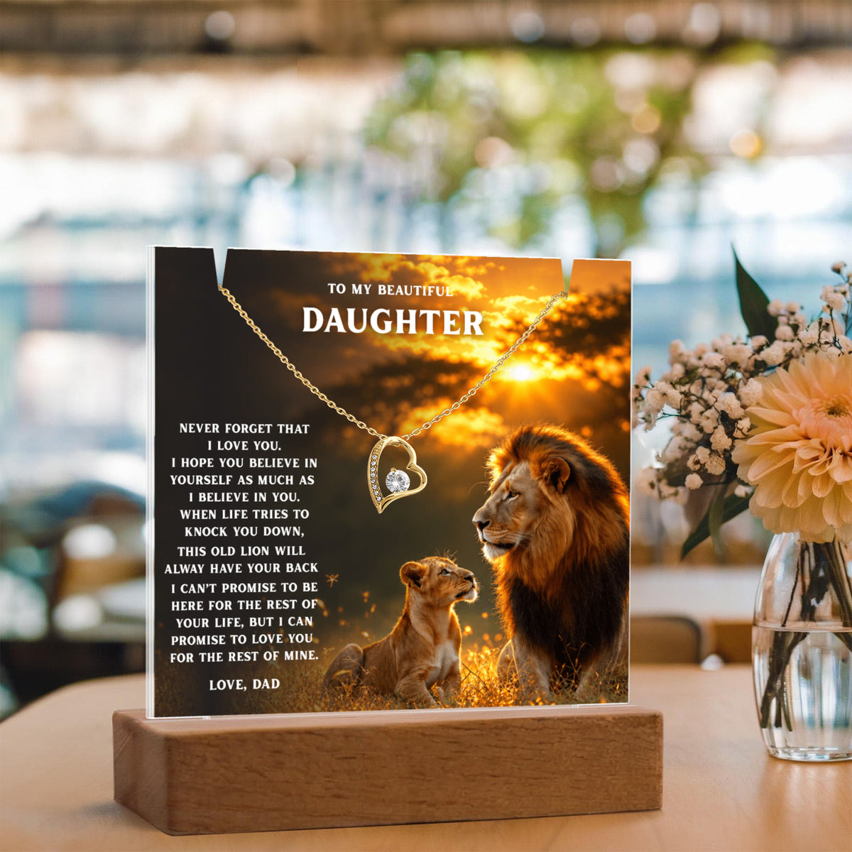 Lion Acrylic LED Plaque & Forever Love Necklace Gift Set for Daughter from Dad – Always Have Your Back