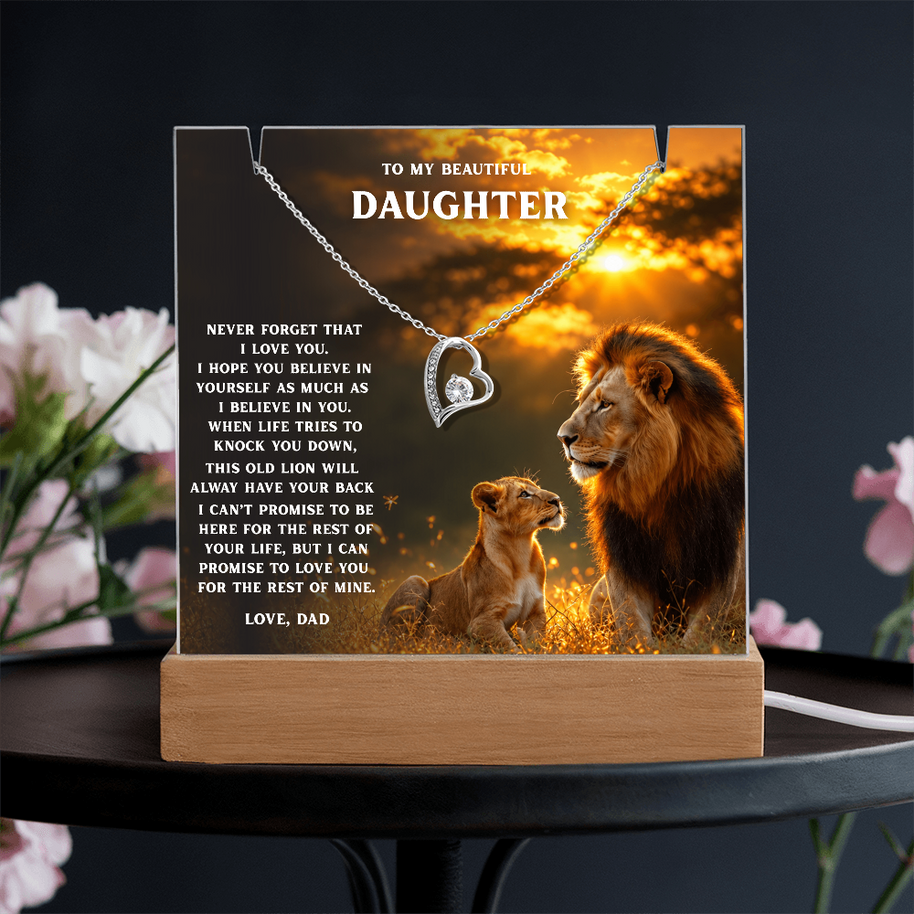 Lion Acrylic LED Plaque & Forever Love Necklace Gift Set for Daughter from Dad – Always Have Your Back