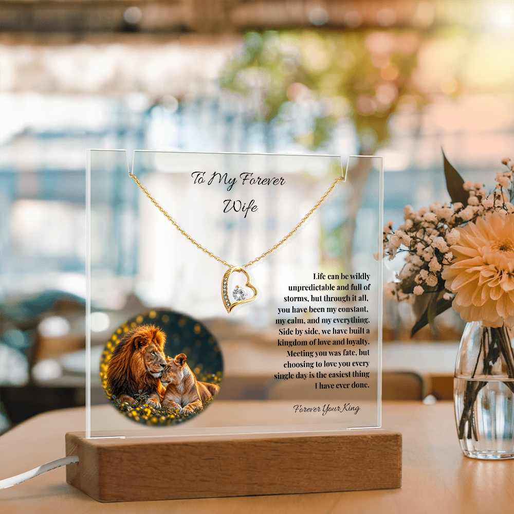 To My Forever Wife, Lion Acrylic Plaque & Forever Love Heart Necklace Bundle