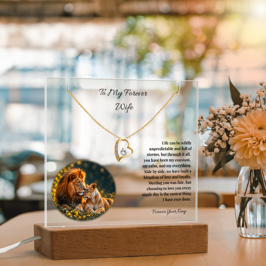 To My Forever Wife, Lion Acrylic Plaque & Forever Love Heart Necklace Bundle